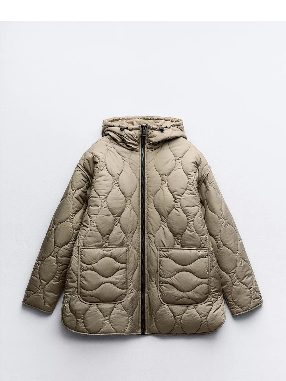 Zara Quilted Hooded Puffer Jacket in Light Khaki/Green